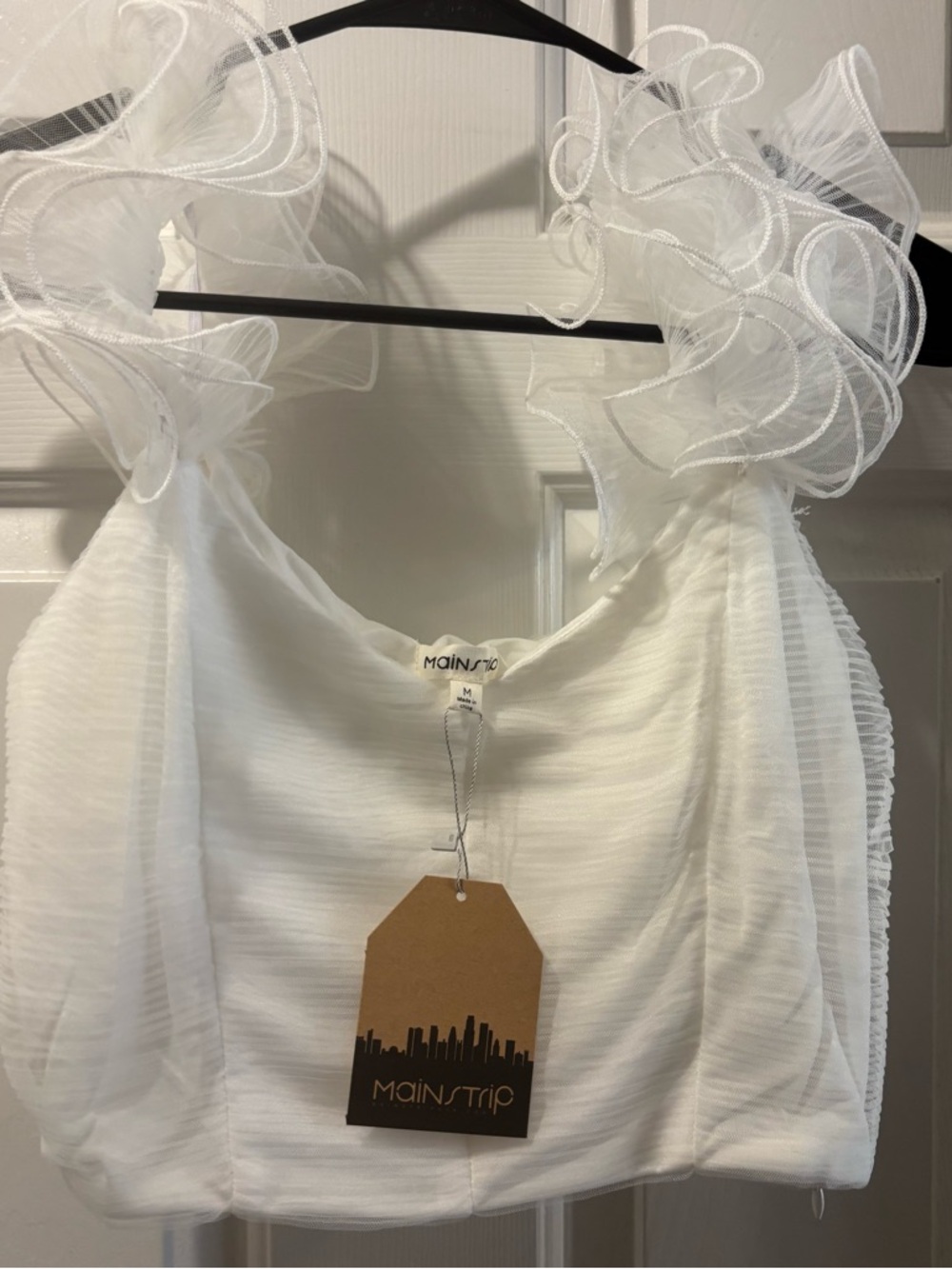 Main Strip White Ruffle-Strap Crop Top